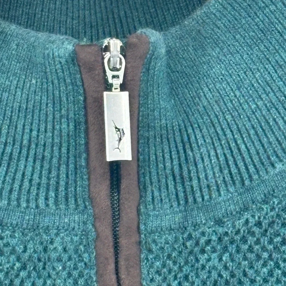 Tommy Bahama Mens Teal Green Cotton Silk Cashmere Quarter Zip Sweater Small